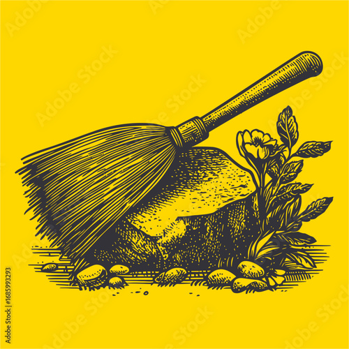 Vintage Illustration of Broom and Rock Surrounded by Wildflowers