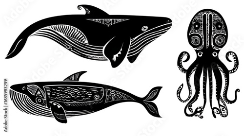 Black and white block print sea creatures set with whales and octopus.