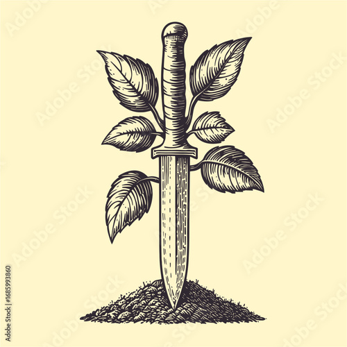 Vintage Knife with Plant Leaves and Soil in Classical Engraved Style