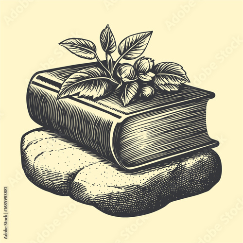 Vintage Book with Plant Illustration on a Soft Pillow Background
