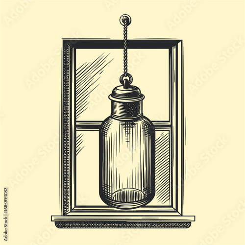 Vintage Glass Jar Hanging From Window Frame in Classic Design Style