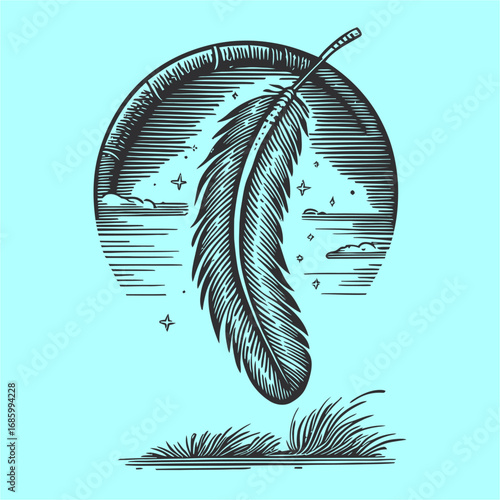 Elegant Feather Illustration with Cosmic Theme and Retro Aesthetic Design