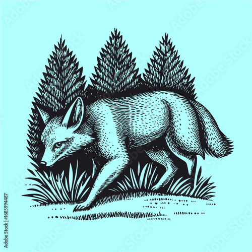 Elegant Fox Walking in Front of Tall Pine Trees in Nature Scene
