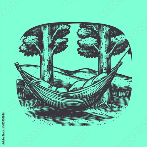 Relaxing hammock in serene nature setting with trees and hills