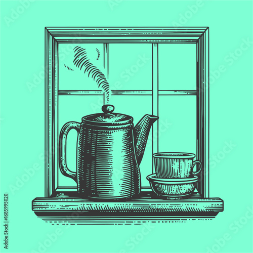 Vintage Teapot and Cup on Window Sill with Steam Rising Background