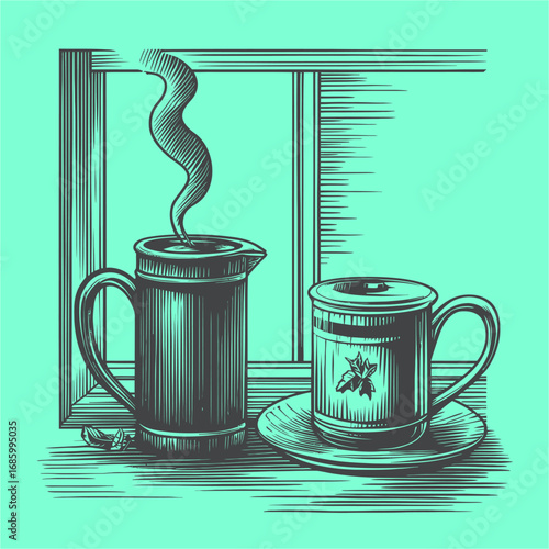 Vintage Coffee and Tea Cups with Steam in Bright Blue Background