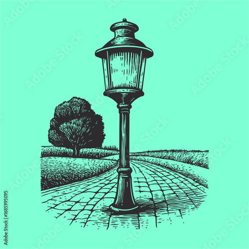 Vintage Street Lamp Illustration Surrounded by Green Landscape Design