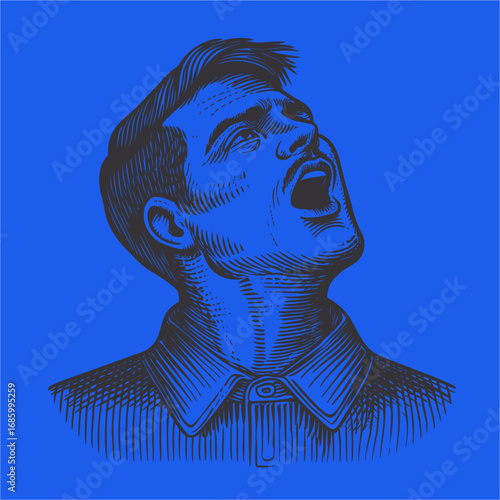 Vintage Illustration of Man Shouting with Emotion Against Blue Background