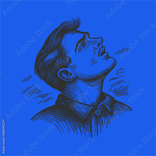 Vintage Illustration of a Man Gazing Upward Against a Blue Background