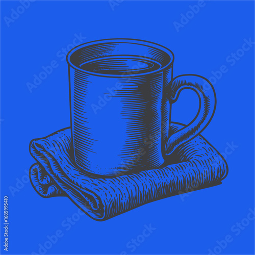 Blue Cup with Hot Drink on Soft Towel Over Vibrant Blue Background