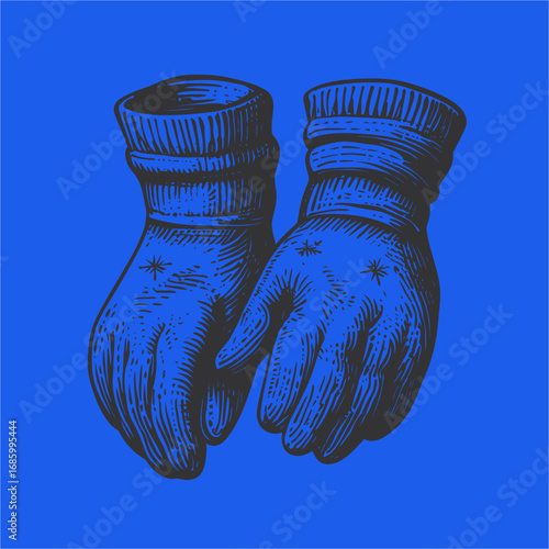 Vintage Blue Gloves Illustration with Detailed Design Elements