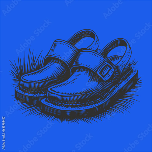 Blue Footwear Illustration Featuring Casual Sandals on Vibrant Background