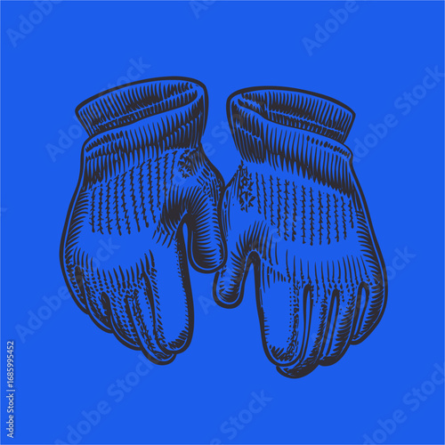 Detailed Illustration of Hands Wearing Textured Gloves Against Blue Background