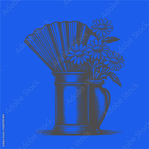 Elegant vase with fan and floral arrangement on vibrant blue background