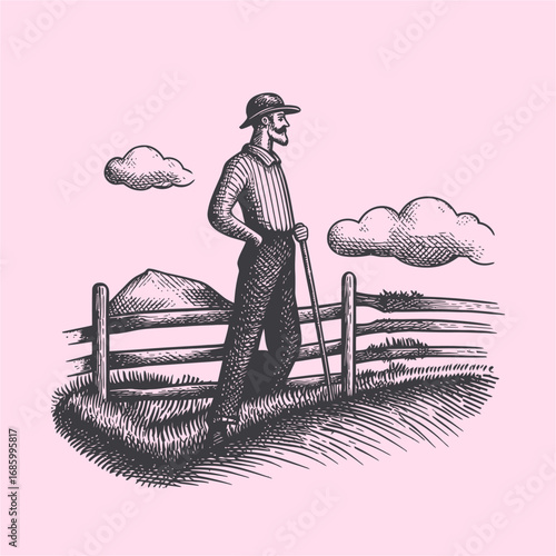 Farmer Standing by Fence in Vintage Illustration Style with Nature Background