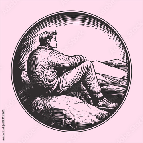 Young Man Sitting on Rock Surrounded by Mountains in Vintage Style