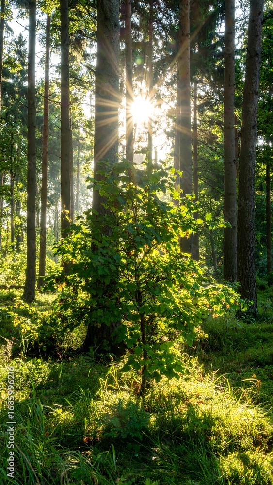 Fototapeta premium Sunlit forest scene, young tree