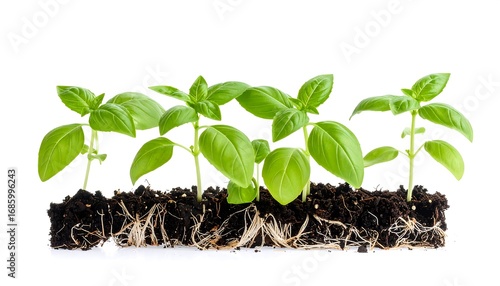 Line of basil plants with exposed roots growing in rich, dark soil against white