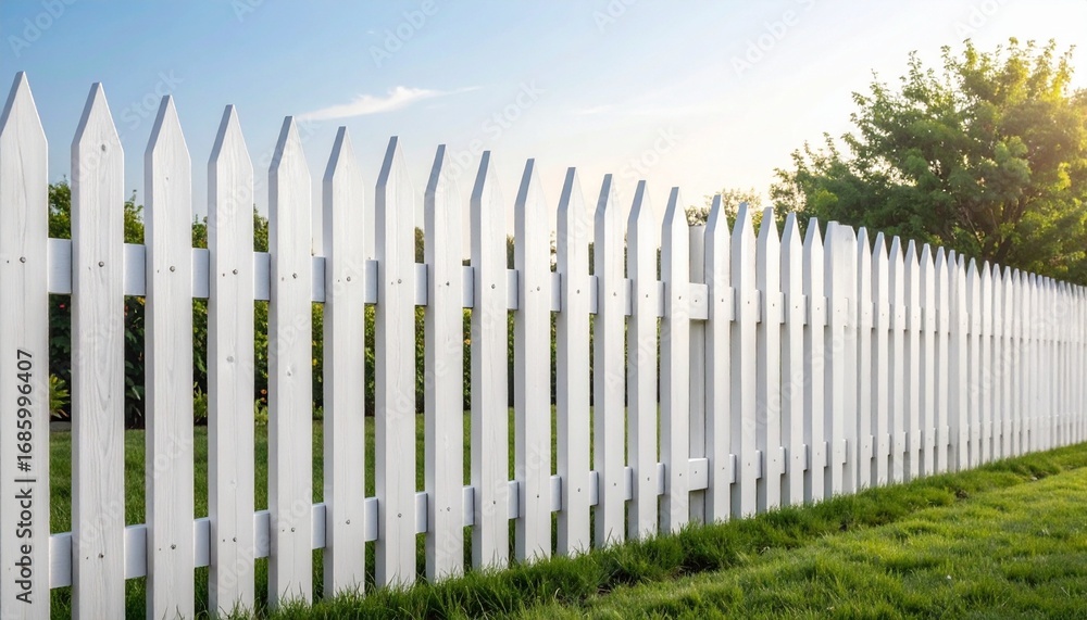 White picket fence with pointed slats and green grass base on pale background White picket fence with pointed slats and green grass base on pale background