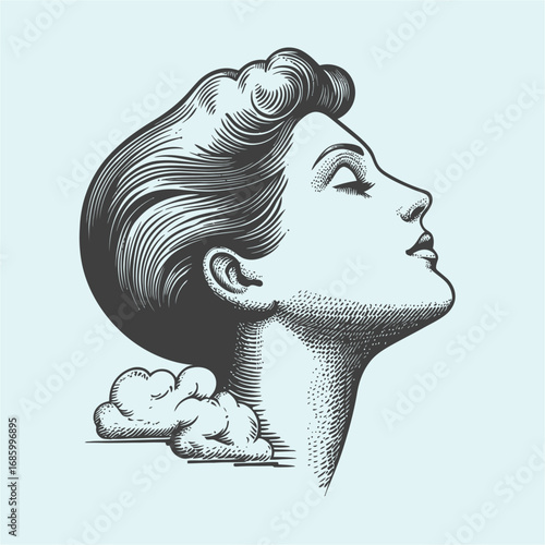 Vintage Woman Portrait with Clouds in a Retro Line Art Style