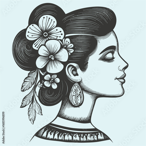 Elegant Profile of a Woman with Floral Hair Design in Vintage Style