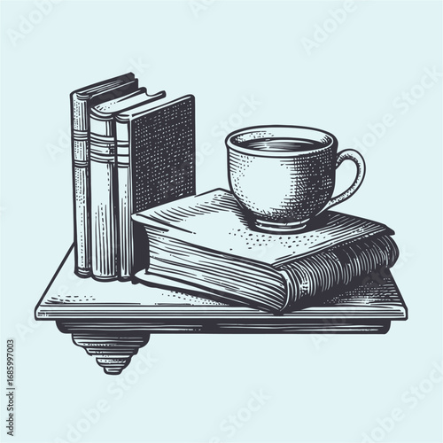 Vintage Style Books and Coffee Cup on a Rustic Wooden Shelf
