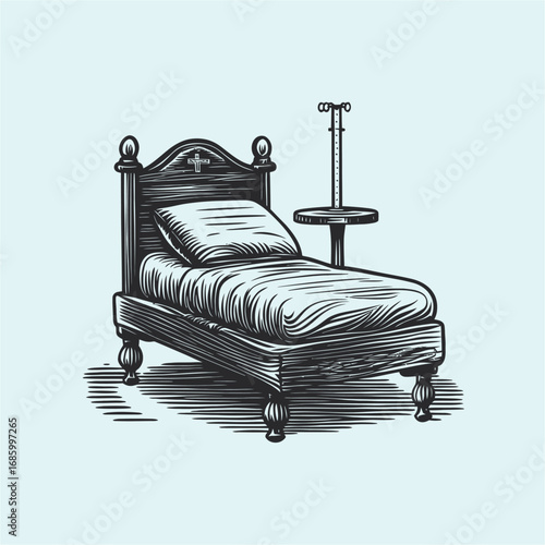 Vintage Hospital Bed with Intravenous Stand and Simple Bed Linen