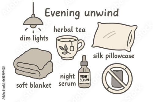 Cozy Night Essentials. Evening unwind: hand drawn doodles of dim lights, herbal tea, silk pillowcase, night serum, soft blanket,