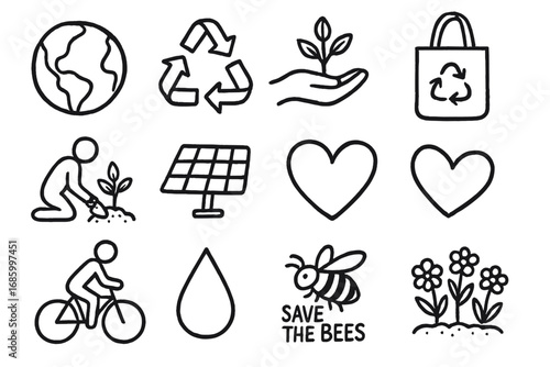 Earth Day Doodle Icons. Earth Day doodle icon set: hand drawn icons of planet Earth, recycling sign, plant in hand, reusable tote,