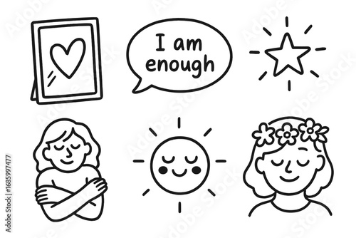 Symbols of Self-Love. Self-love symbols: hand drawn doodles of heart in mirror, positive affirmation bubble, confidence star, self