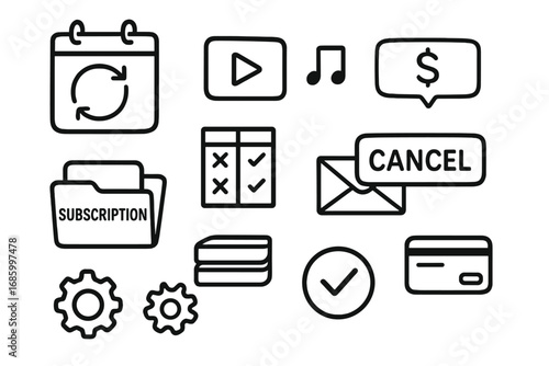 Subscription Management Icons. Subscription management doodle icon set: hand drawn icons of calendar renewal, streaming icons,