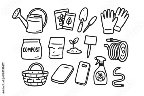 Home Gardening Icons. Home gardening doodle icon set: hand drawn icons of watering can, seed packets, garden trowel, gloves, plant