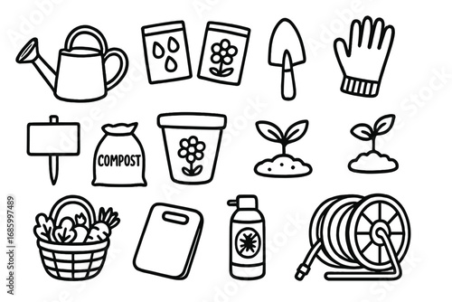 Home Gardening Icons. Home gardening doodle icon set: hand drawn icons of watering can, seed packets, garden trowel, gloves, plant