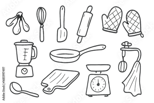 Doodle Kitchen Tools. Kitchen tools doodle icon set: hand drawn icons of measuring spoons, whisk, spatula, rolling pin, oven mitts
