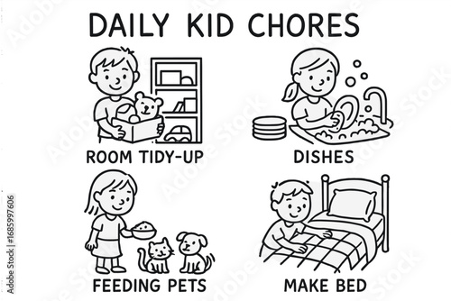 Daily Kid Chores Icons. Daily kid chores doodle set: hand drawn icons for room tidy-up, dishes, feeding pets, and making beds,