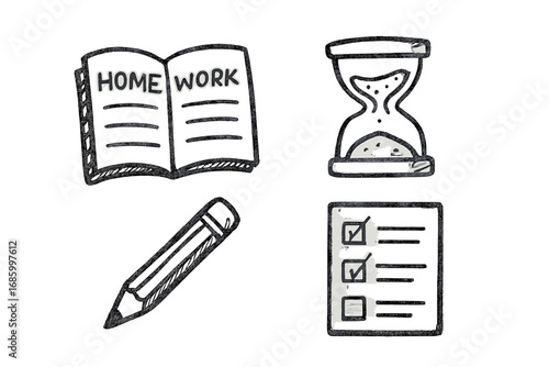 Homework Essentials Doodle. Homework routine doodle set: hand drawn icons for notebooks, timers, pencils, and task charts,