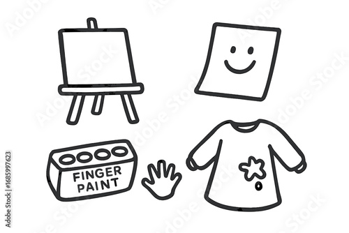 Preschool Art Doodles. Preschool art class doodle set: hand drawn icons for easels, paper, finger paint, and smocks, isolated