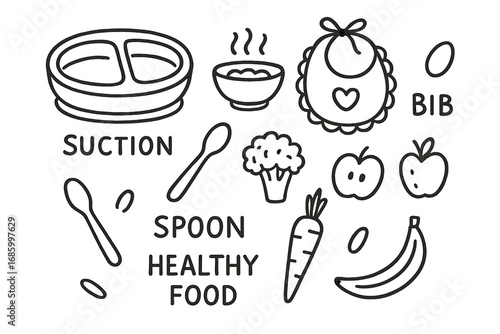 Toddler Feeding Doodles. Toddler feeding time doodle set: hand drawn icons for suction plates, bibs, spoons, and healthy food,