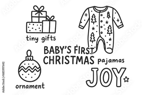 Baby's First Christmas Icons. Baby’s first Christmas doodle set: hand drawn icons for tiny gifts, pajamas, ornaments, and joy,