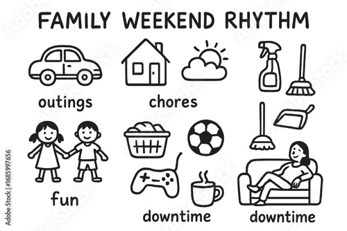 Weekend Doodle Icons. Family weekend rhythm doodle set: hand drawn icons for outings, chores, fun, and downtime, isolated