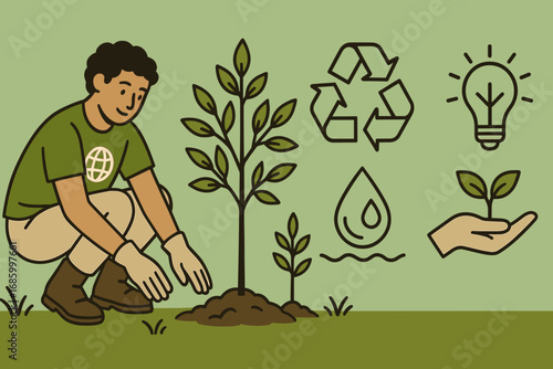 Eco Activist Planting Trees. Horizontal vector banner featuring eco activist planting trees and comprehensive sustainability icon