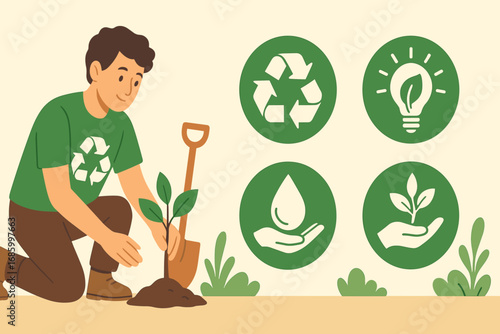 Eco Activist Planting Trees. Horizontal vector banner featuring eco activist planting trees and comprehensive sustainability icon