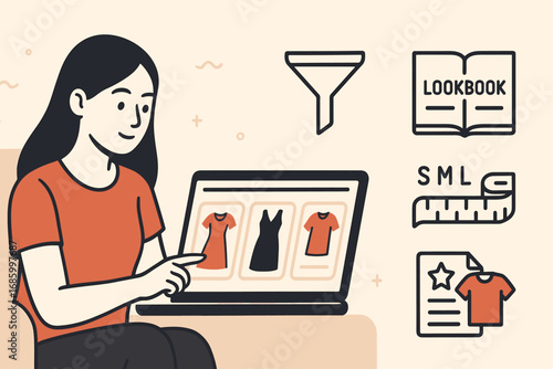 Girl Browses Fashion Choices. Horizontal vector banner featuring girl choosing clothes online and comprehensive fashion e-commerce