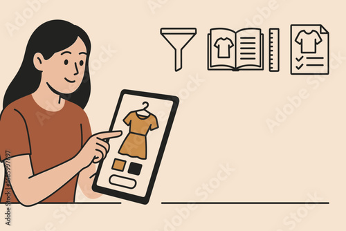 Girl Browses Fashion Choices. Horizontal vector banner featuring girl choosing clothes online and comprehensive fashion e-commerce