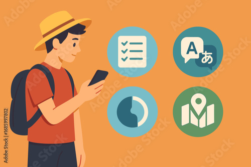 Travel App Essentials. Flat design banner featuring tourist checking phone and travel app icon set for itinerary, language tools,
