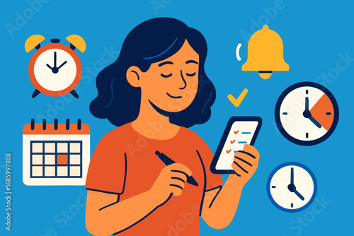Task Management Icons. Bright banner portraying woman scheduling tasks on phone and time management icon set for alarm clock, day
