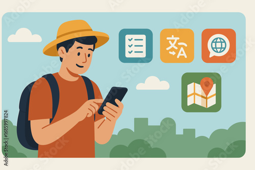 Travel App Essentials. Flat design banner featuring tourist checking phone and travel app icon set for itinerary, language tools,