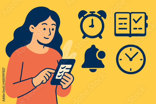 Task Management Icons. Bright banner portraying woman scheduling tasks on phone and time management icon set for alarm clock, day