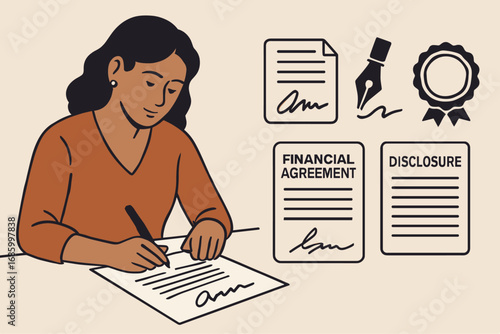 Financial Agreement Signing. Scene banner with woman signing financial agreement and legal finance icon set for contract,