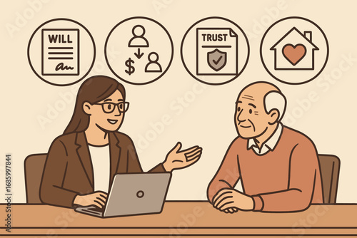Financial Estate Planning. Flat scene showing financial planner with elderly client and estate planning icon set for wills,